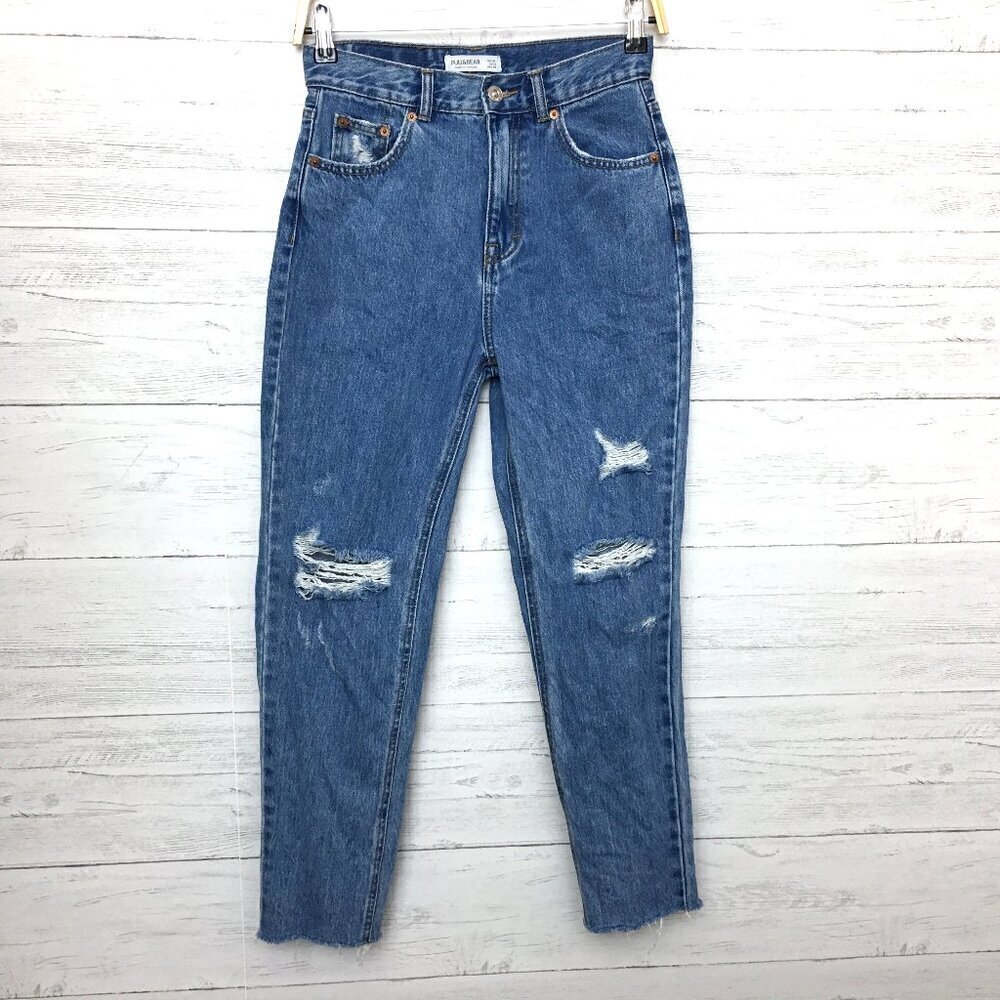 Pull & Bear Women's Jeans Straight Leg High Rise Distressed size 2 length 27"